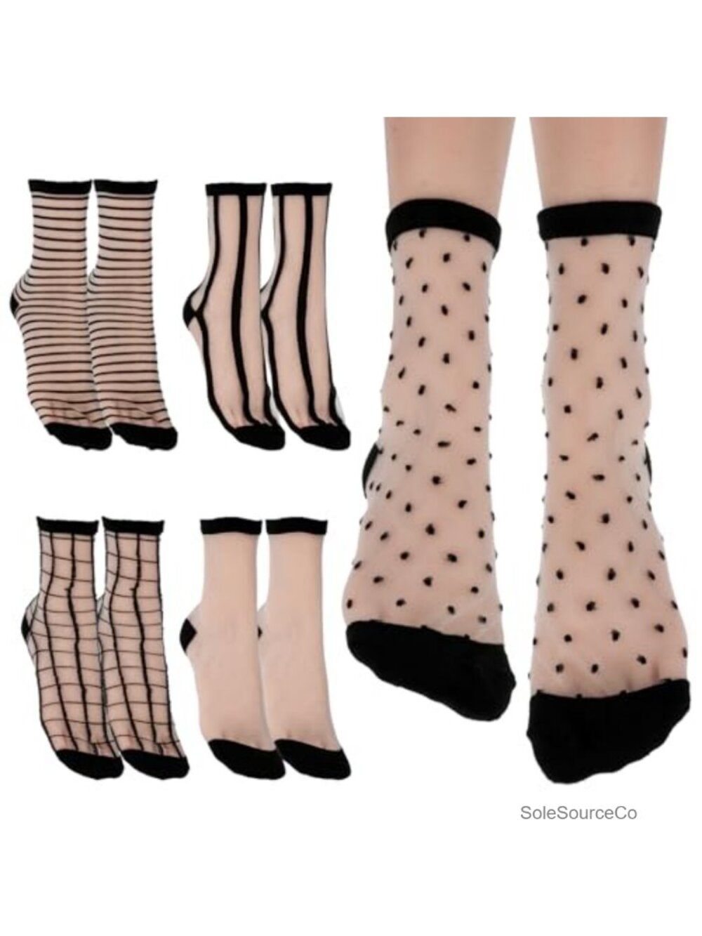Sheer Ankle Socks 5 Pair Acrylic Striped Plaid Dot Cute Transparent Women